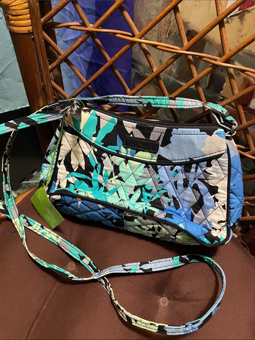 Vera Bradley Quilted Crossbody in Blue, Teal & Black Floral